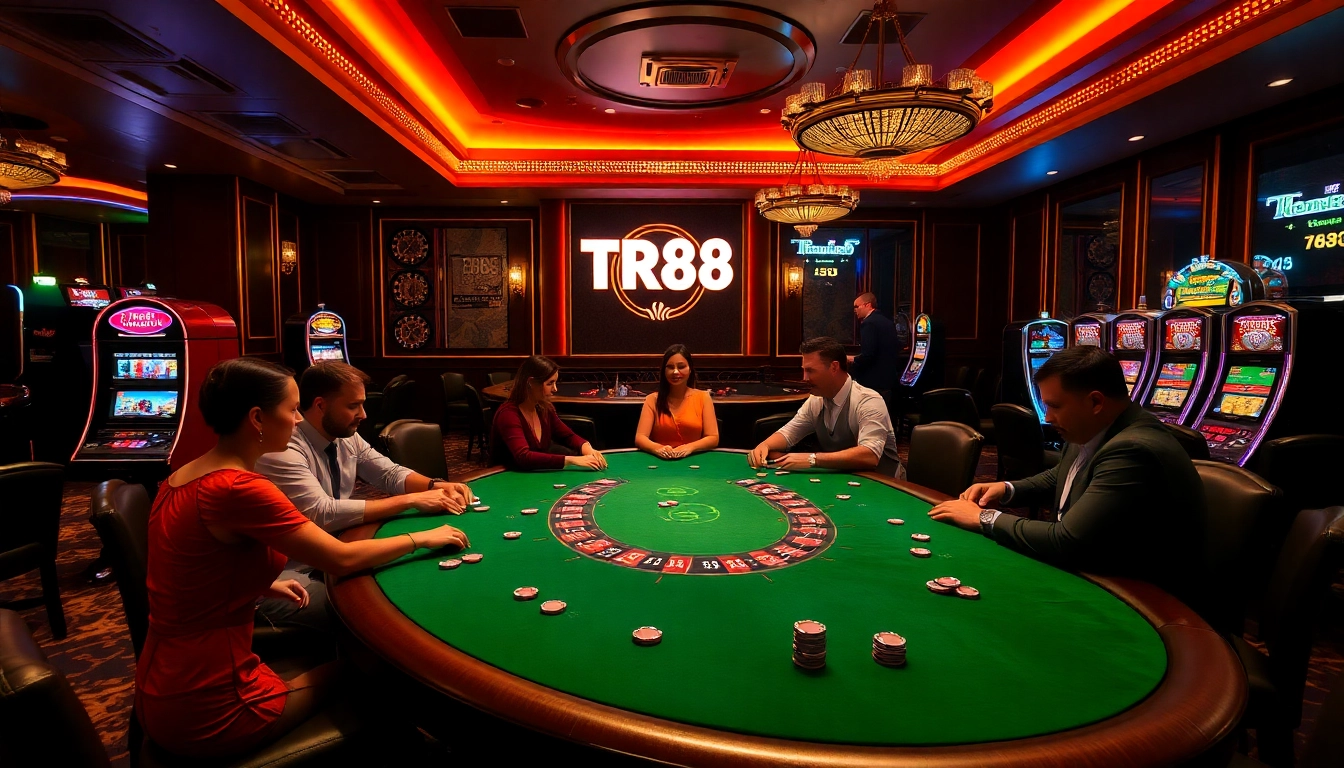 Players enjoying a high-stakes game at TR88's luxurious casino table, filled with chips and excitement.