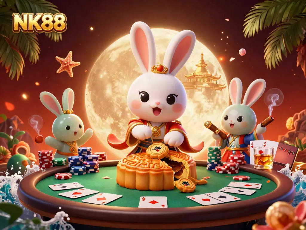 Play and win with NK88, featuring a moon rabbit scene with poker chips and rich casino details.