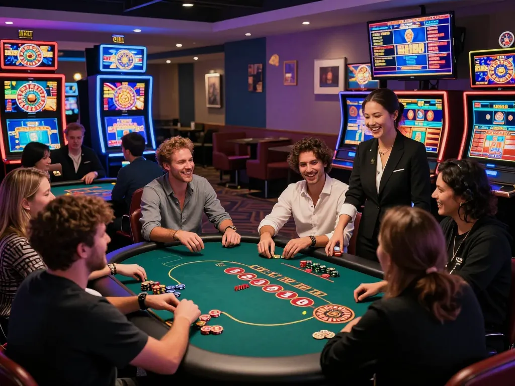 23win online casino gaming scene with diverse players enjoying poker and blackjack, vibrant atmosphere, and live interaction.