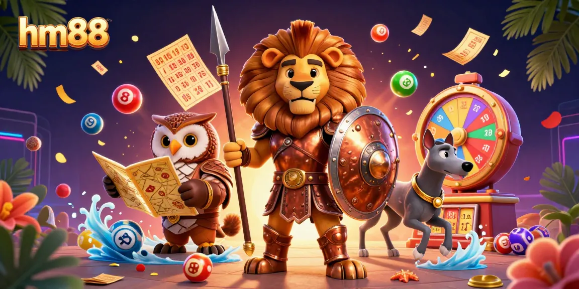 hm88 showcases a dynamic gaming scene featuring a Spartan lion, owl strategist, and greyhound messenger amidst lively casino elements.