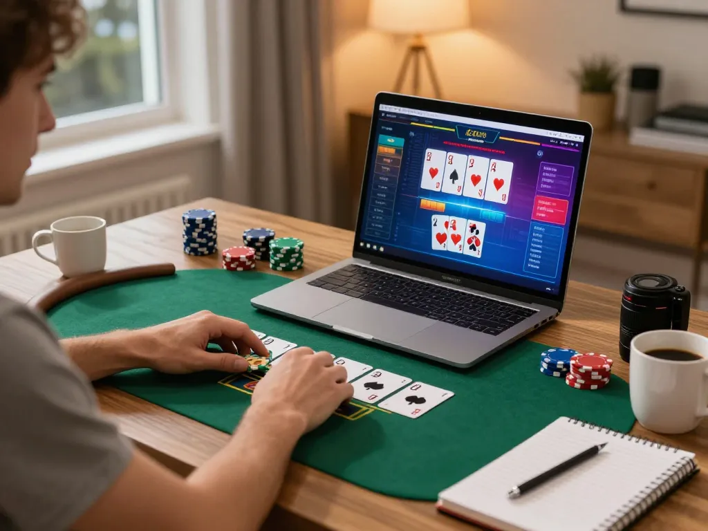 Engaged player using online poker app, showcasing mb666 betting strategies at home