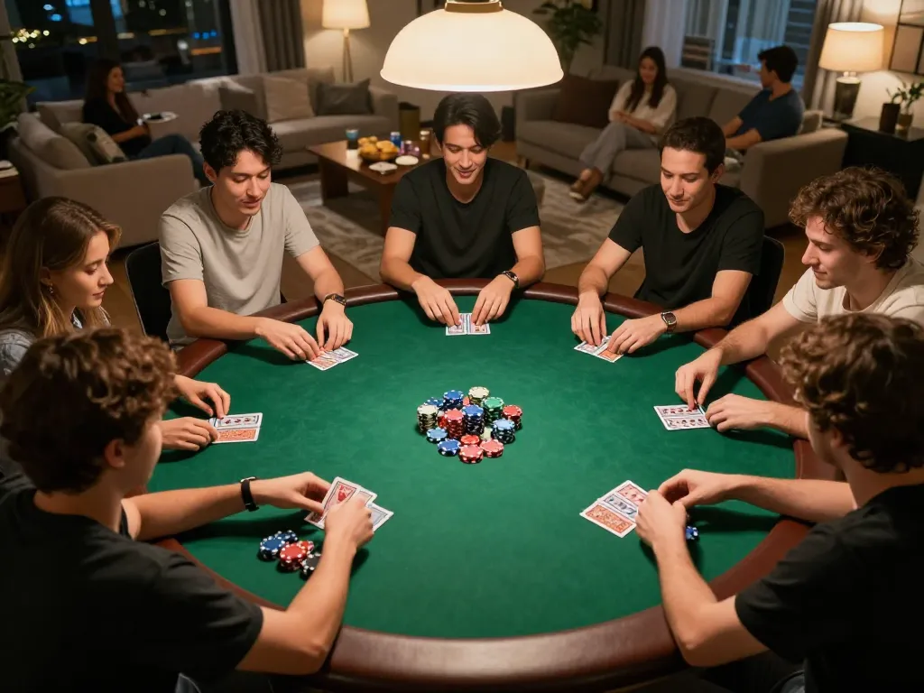 Players engaging in a thrilling poker game at home, showcasing strategic gameplay with sunwin dominating the table