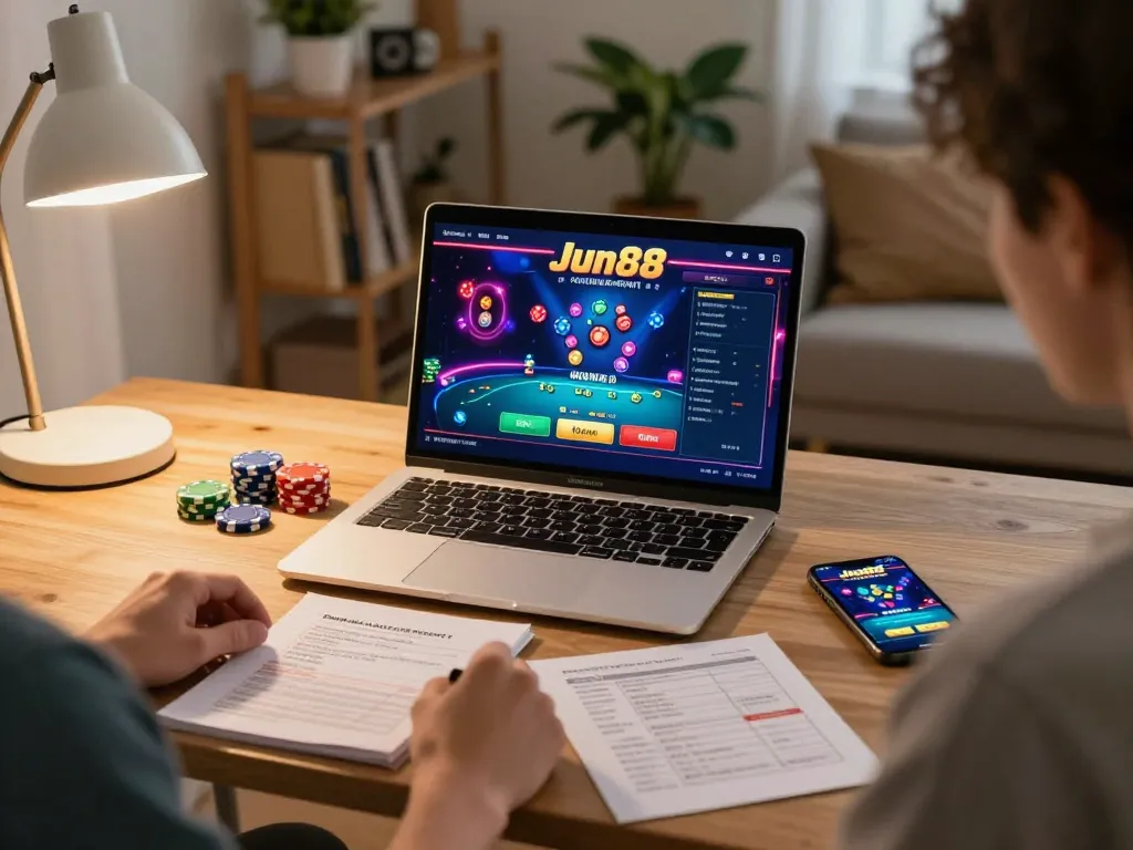 Player engaging with Jun88 online casino on a laptop in a cozy home setting, highlighting strategic gameplay.
