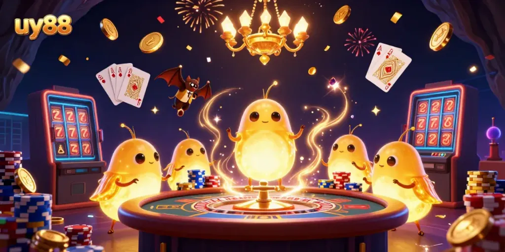 Engage with uy88 at a glowing cave casino, featuring illuminated glowworms and vibrant gaming elements.