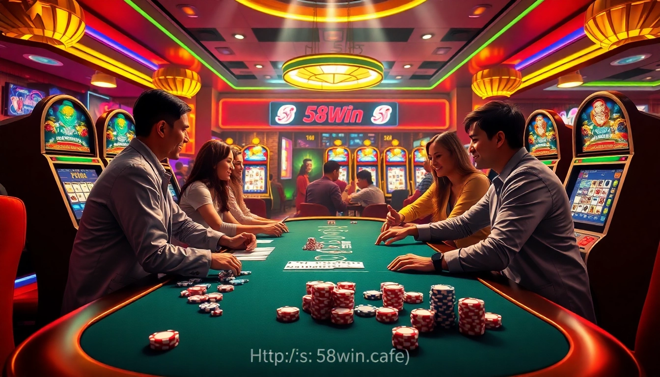 Experience the excitement of online gambling at https://58win.cafe/ with vibrant casino visuals showcasing games and interaction.