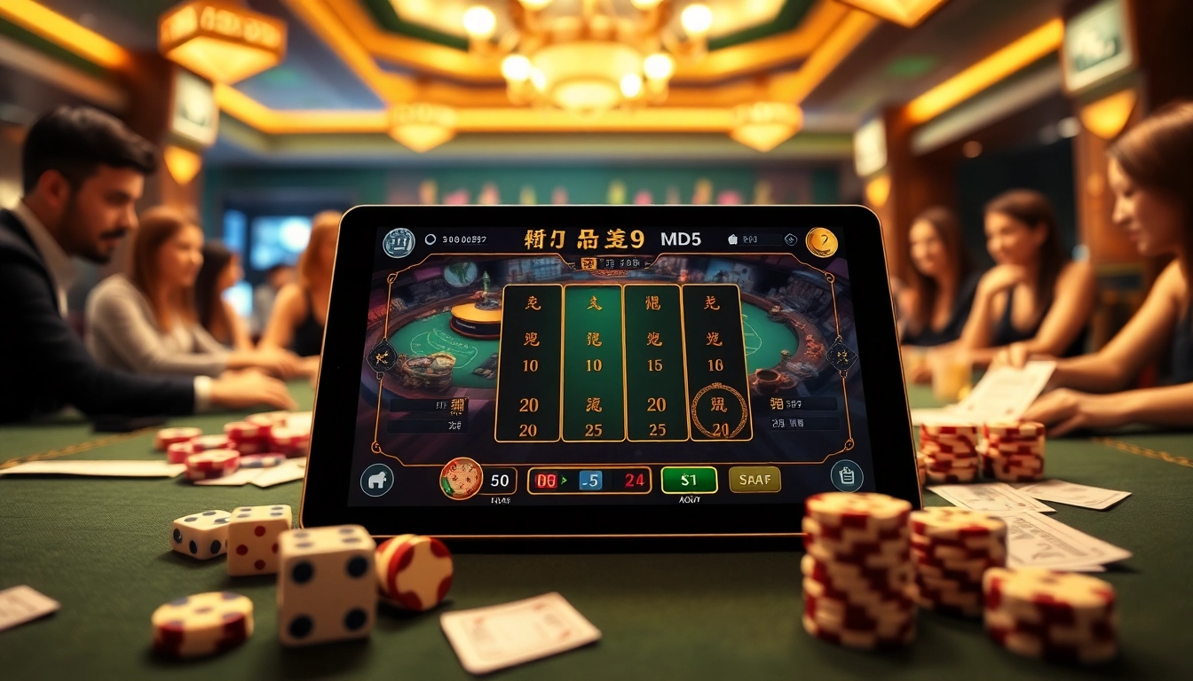 Tài xỉu MD5 game interface with vibrant casino elements, emphasizing excitement.