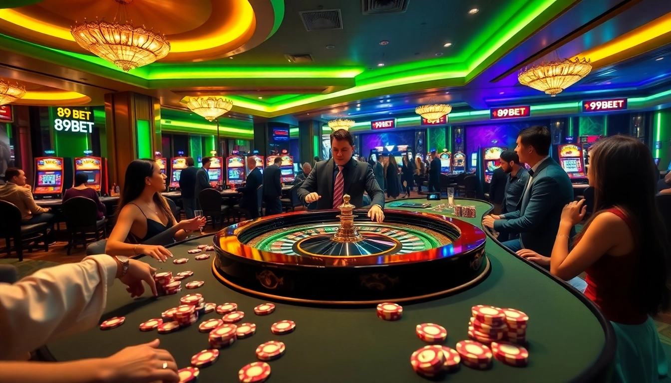 Exciting casino scene showcasing 89BET branding at a roulette table with players betting.