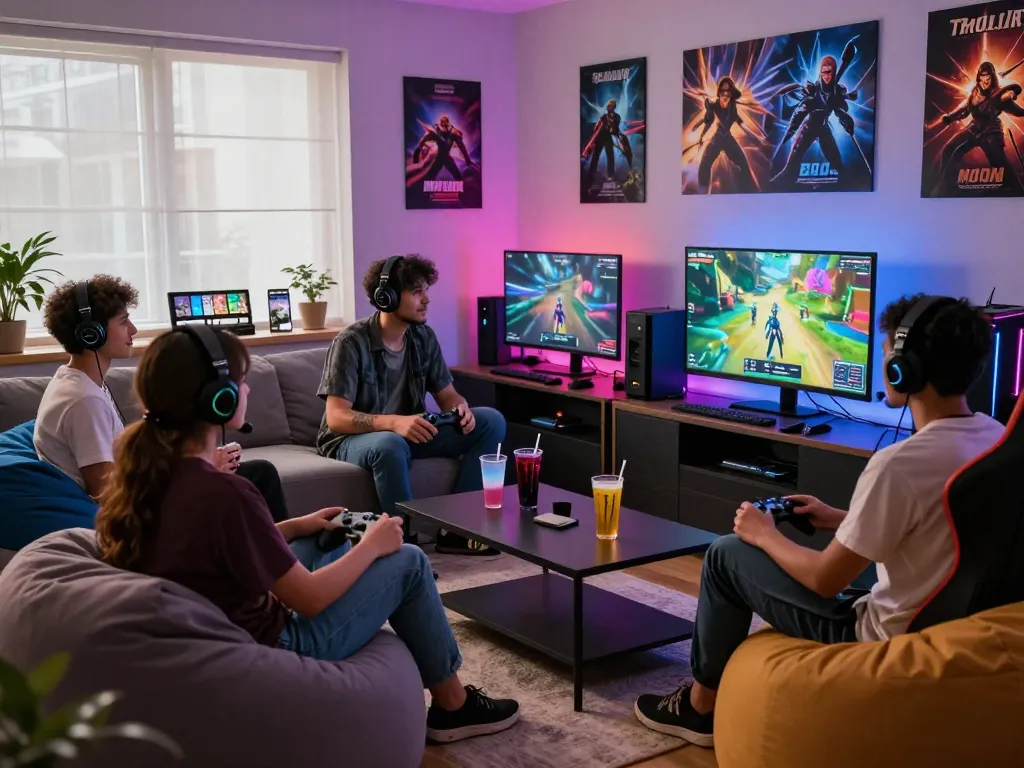 Friends engaged in an exciting gaming night at home with rikbet's vibrant gaming setup and energetic atmosphere.
