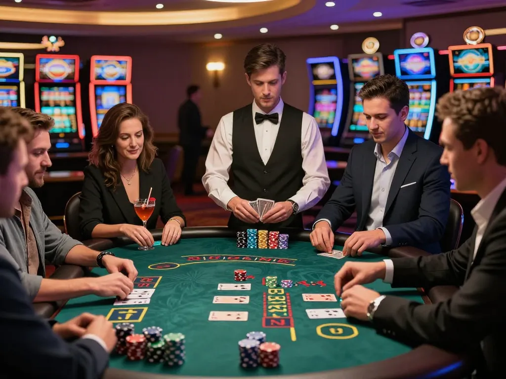 Players at a blackjack table demonstrate skill and strategy in an upscale casino environment during an exciting game of S666.