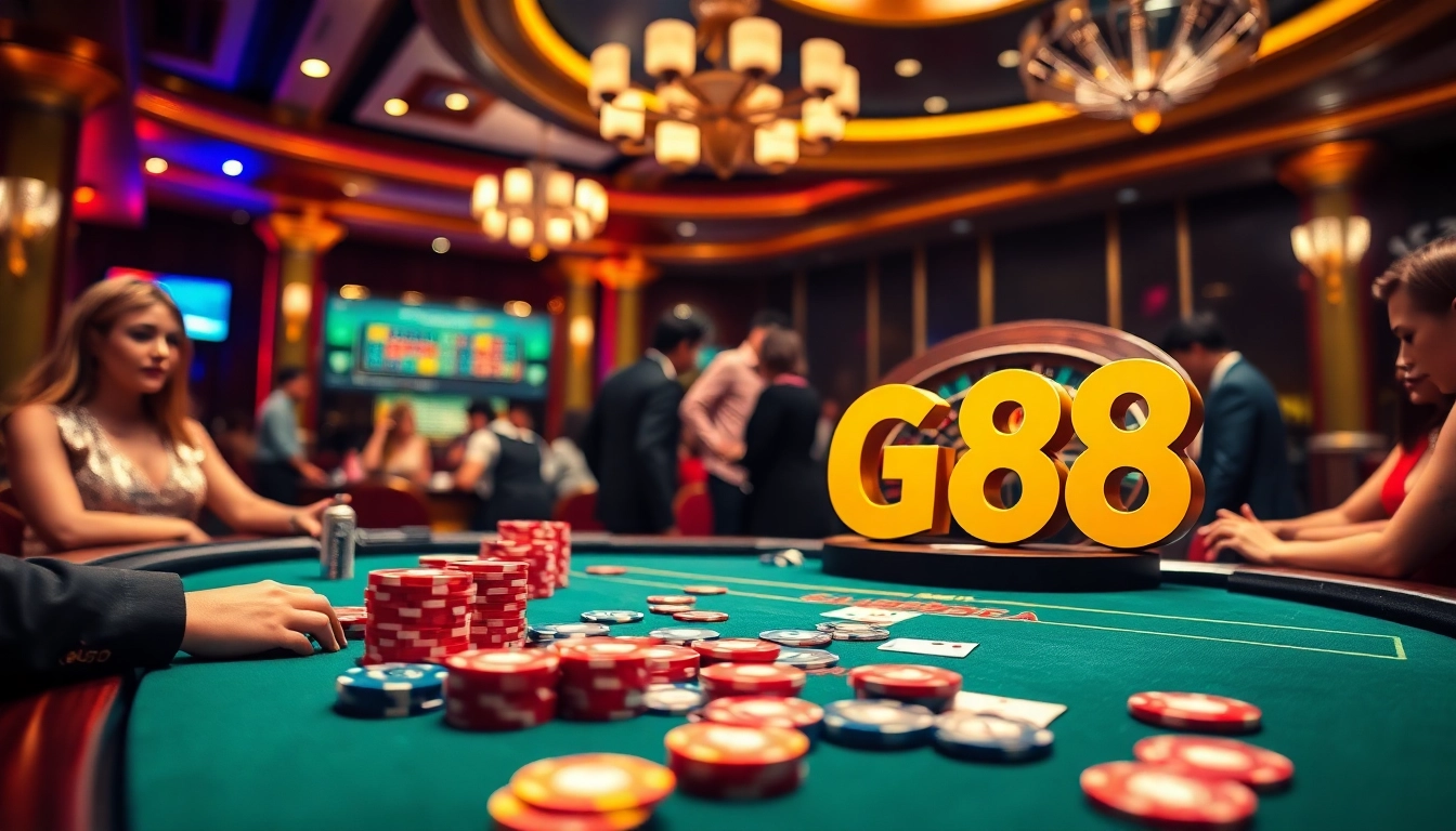 Players enjoying a thrilling game at the GG88 casino table with vibrant poker chips and cards.