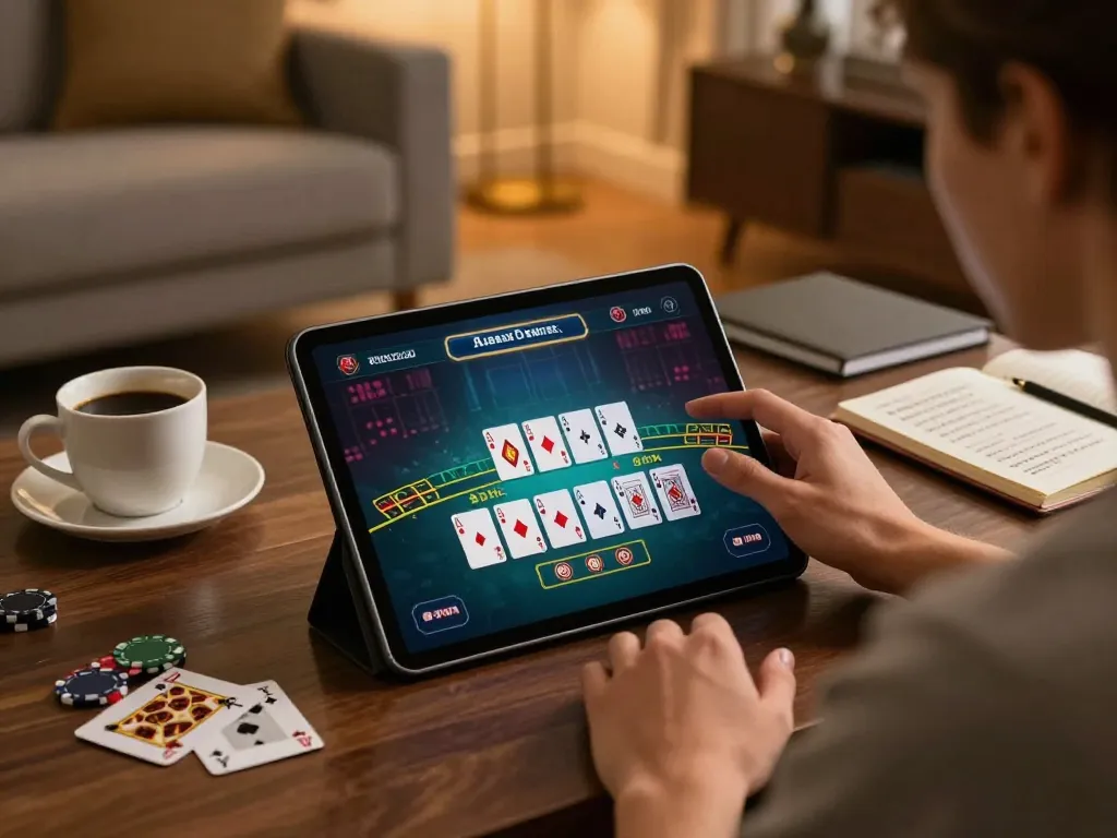 3win user strategizing blackjack gameplay on tablet in cozy home environment
