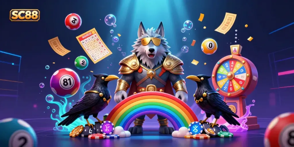 Engage with SC88 through this vibrant gaming scene featuring a Norse mythology wolf and lottery elements.