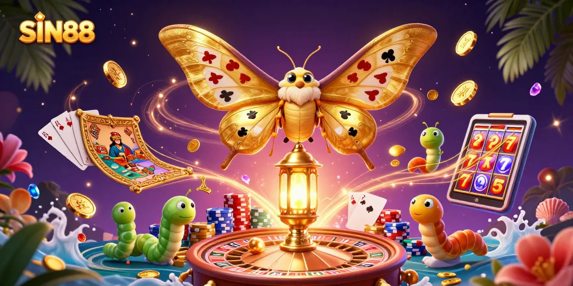 SIN88 unleashes excitement with a vibrant illustration of casino-themed 3D characters, symbols, and golden attributes.