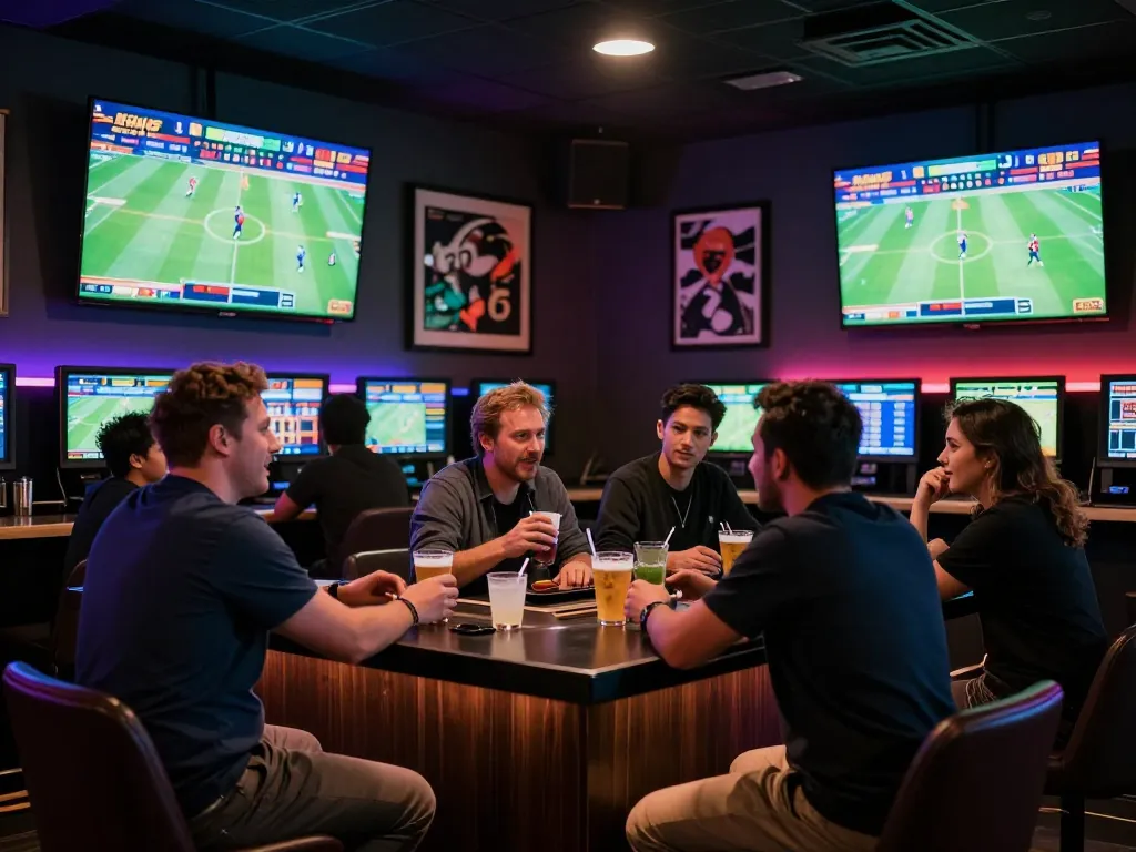 Tylekeonhacai88 patrons engaging in dynamic sports betting in a lively lounge setting.