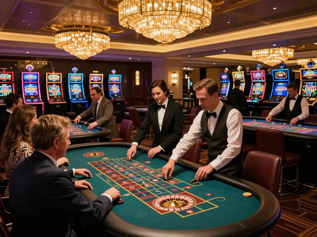 KJC players engaged in a vibrant roulette game on a busy casino floor, showcasing excitement and luxury.