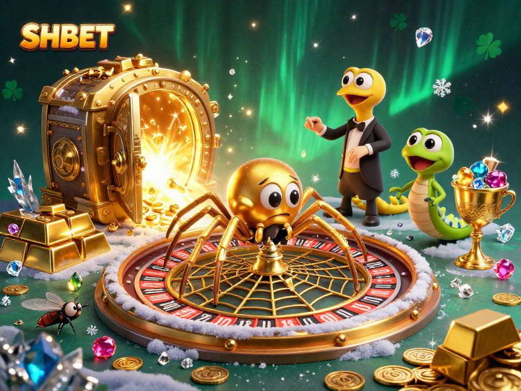Experience the thrill of SHBET with a golden spider and centipede croupier in a vibrant casino scene.