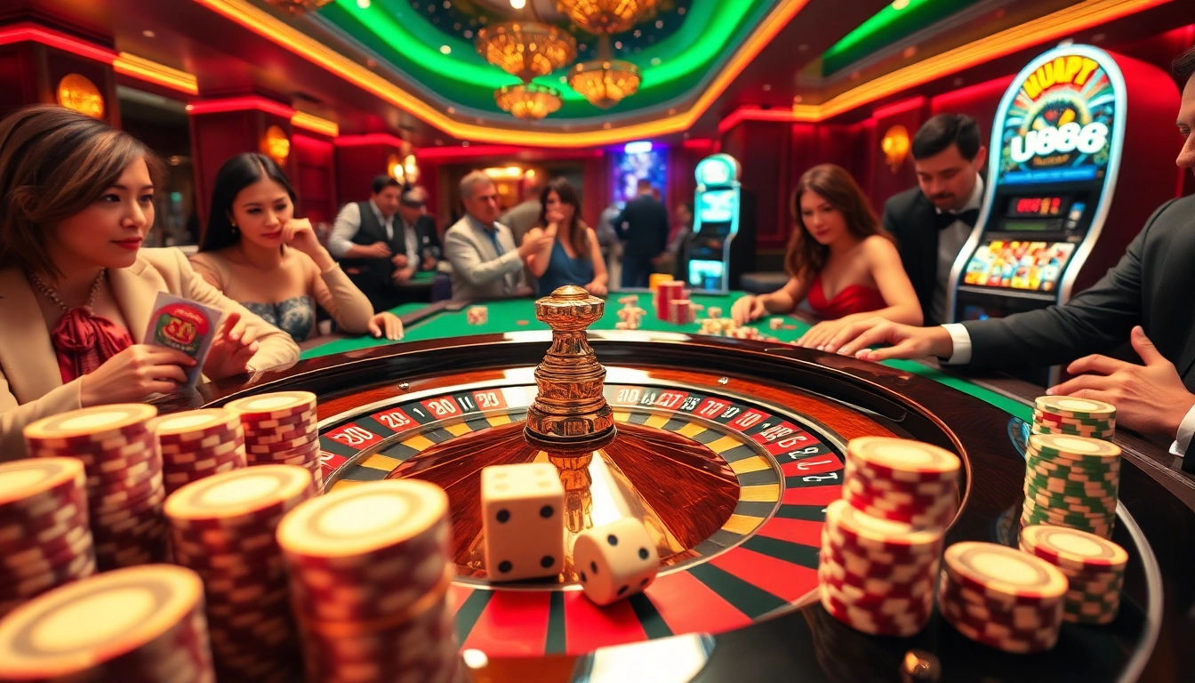 Players enjoying thrilling moments at a luxurious casino featuring the uu88 brand with poker chips and roulette.