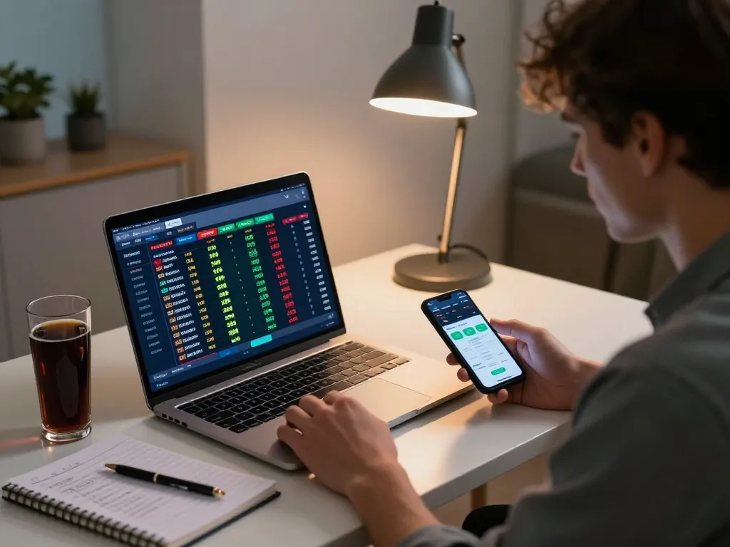 Sports betting on BL555 with live odds, focused player strategizing in modern home office