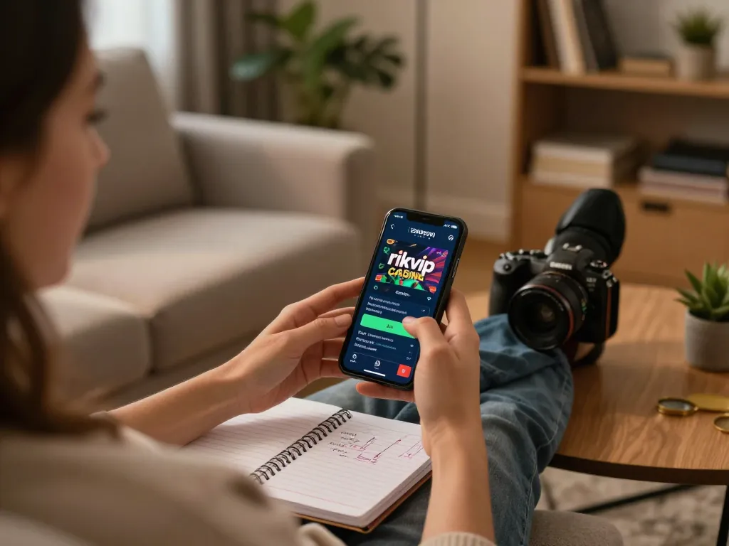 Engaging in strategic gaming with rikvip app on smartphone in cozy home environment
