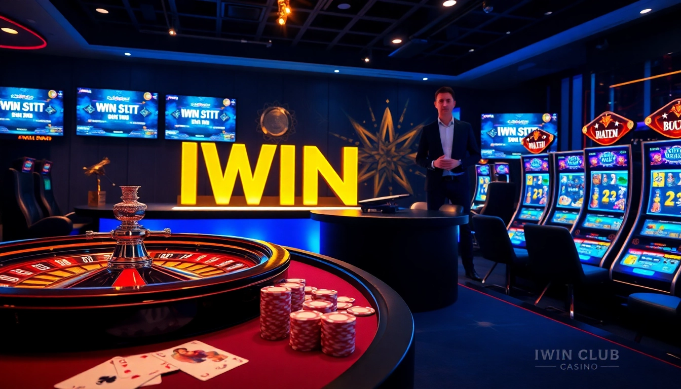 IWIN Club offers an exciting online gaming experience featuring vibrant casino tables and sleek slot machines.
