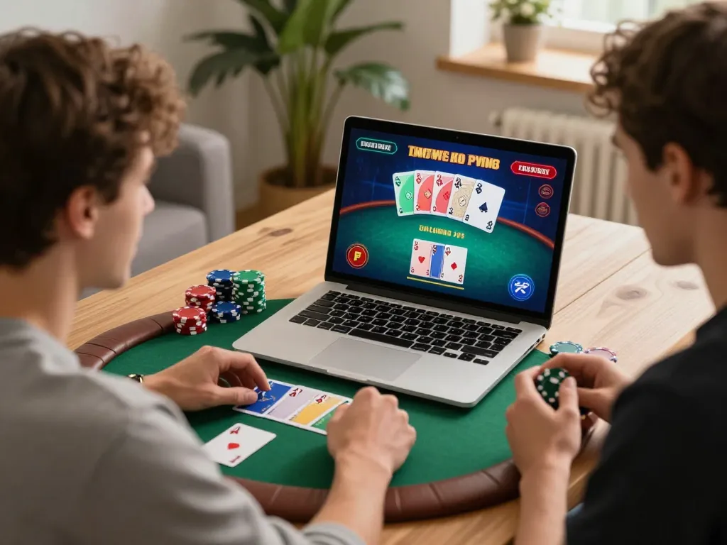 Engaging with online poker at https://mm88.reisen/, player analyzing cards in a cozy home office.