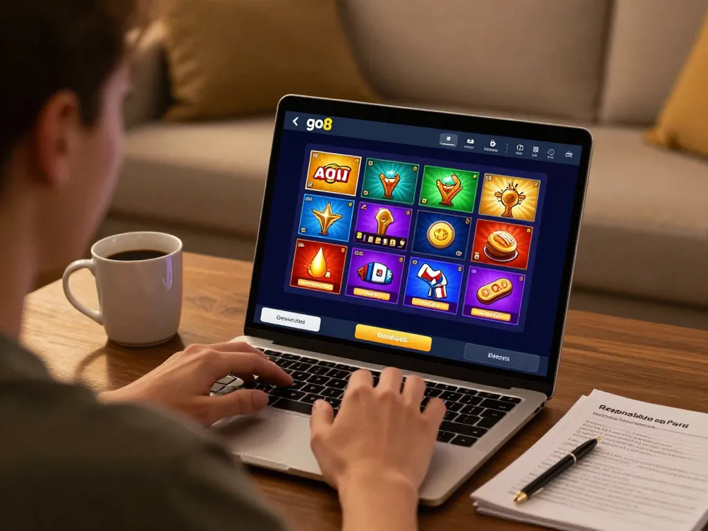 Player engaging with the go8 gambling app on a laptop at home, focused on online gaming.