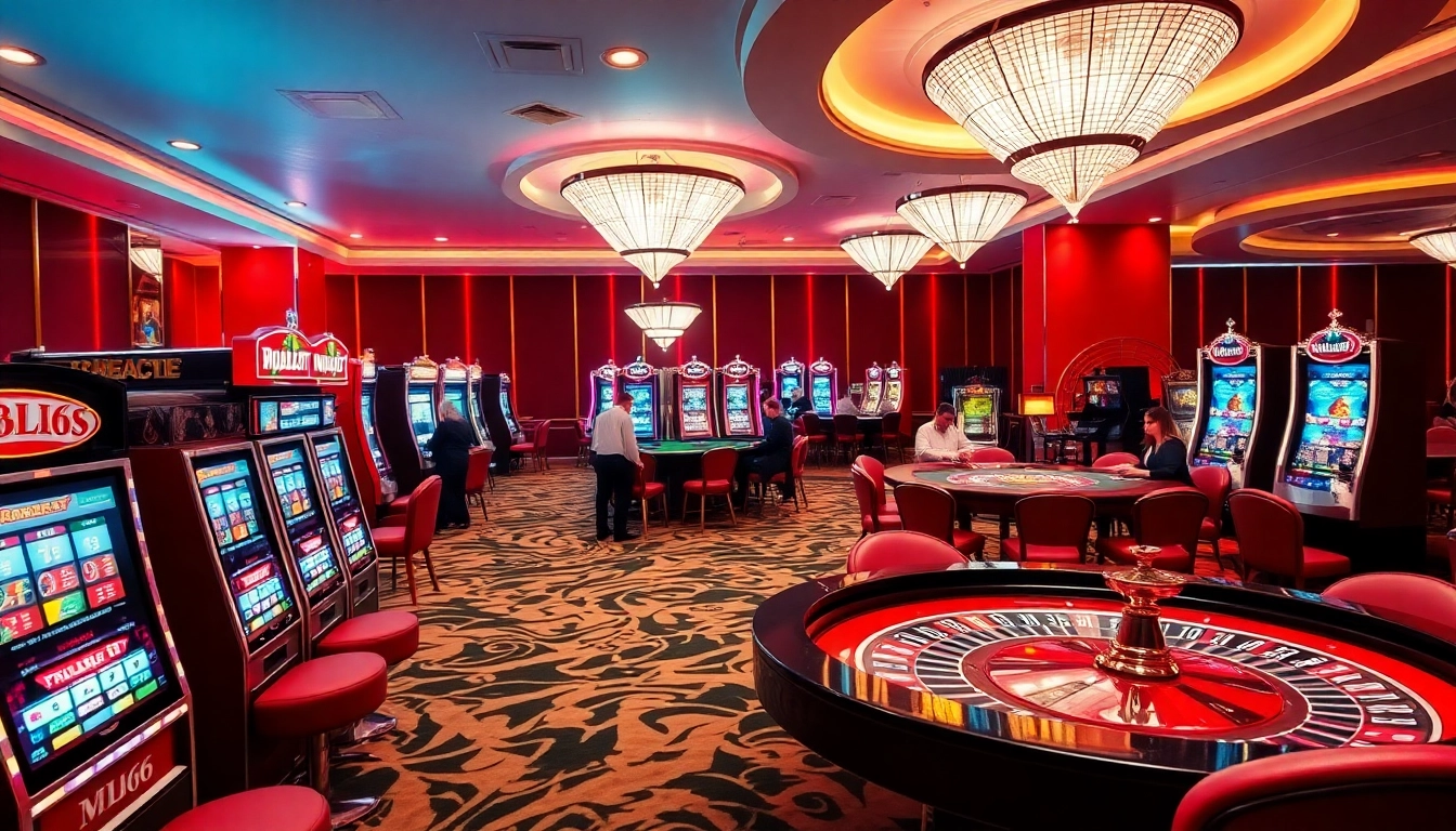 Showcasing the MB66 casino experience with lively players and classic gambling elements.