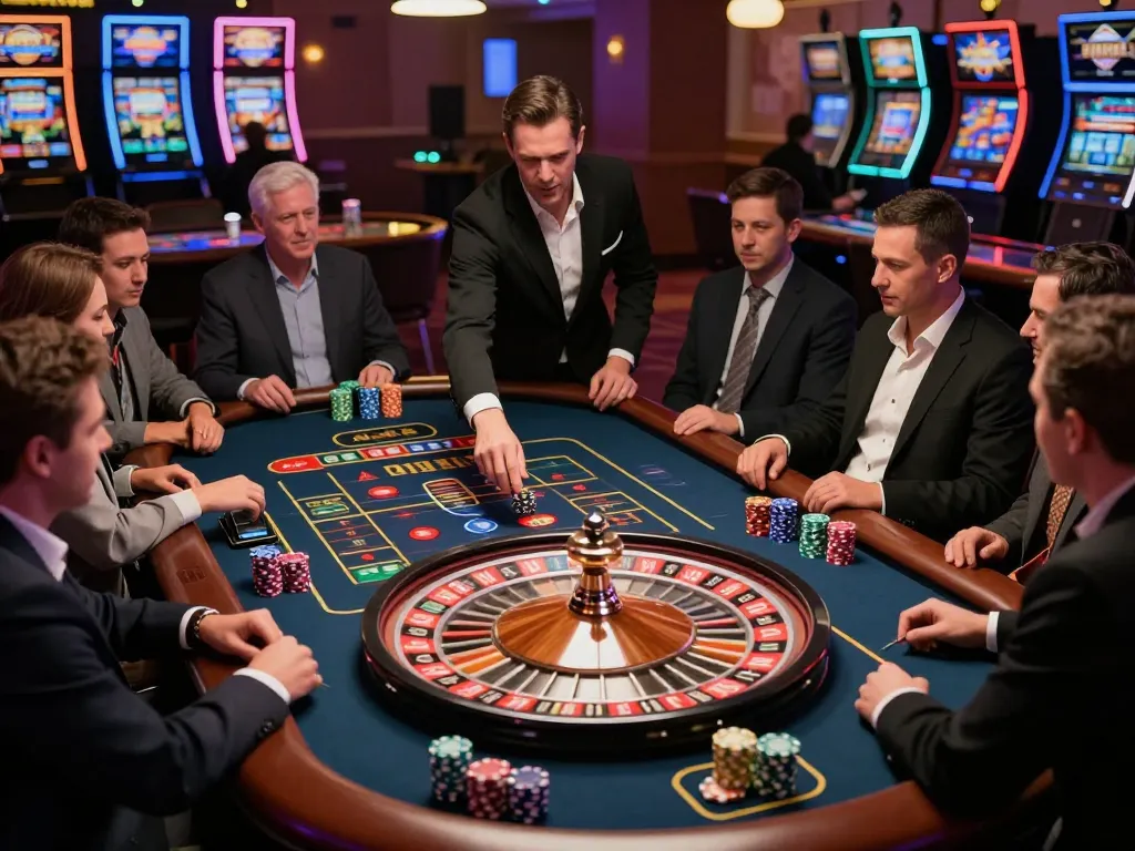 Players engaged in a roulette game at a casino, highlighting debet strategy as the croupier spins the wheel.