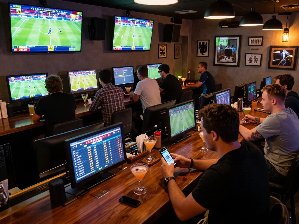 Engage in sports betting with fooballl at a lively sports bar, focusing on live events and betting options.