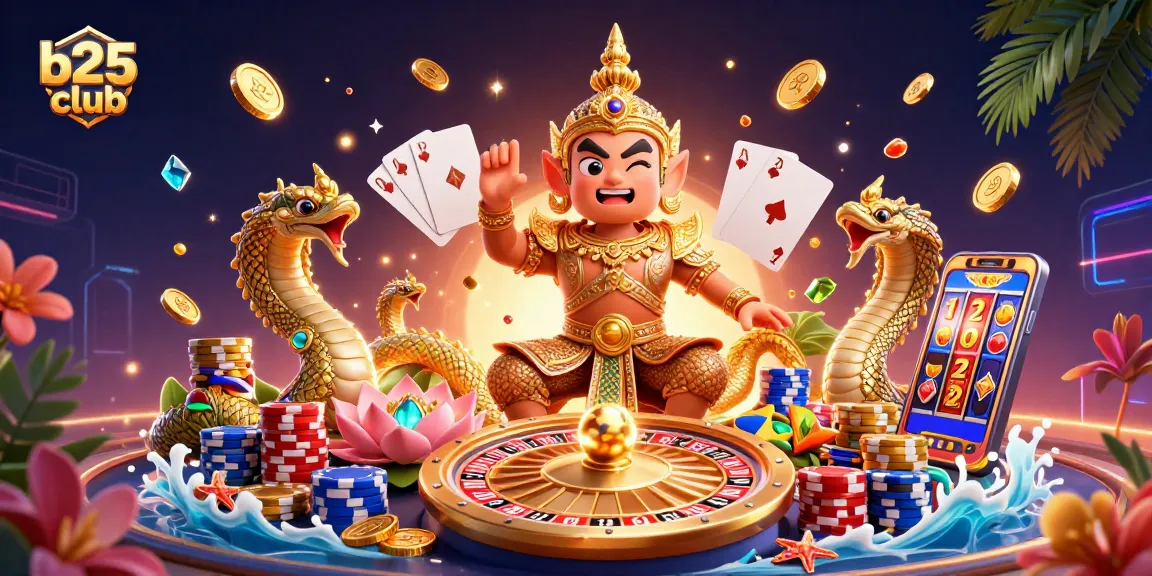 Play and win at b25club with a vibrant illustration of a Thai guardian and casino elements.