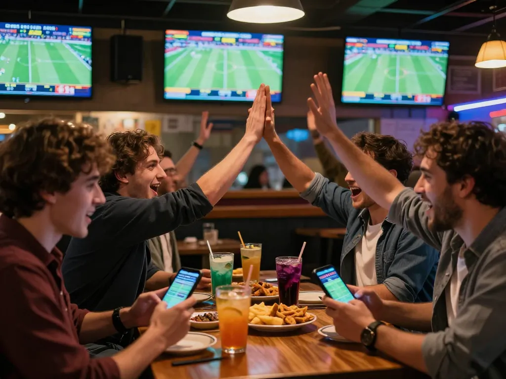 Football betting excitement captured as fans cheer while placing bets in a lively sports bar atmosphere