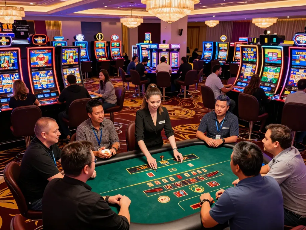 A vibrant casino scene at https://qtr88.com/ with players engaged around gaming tables and colorful lights.