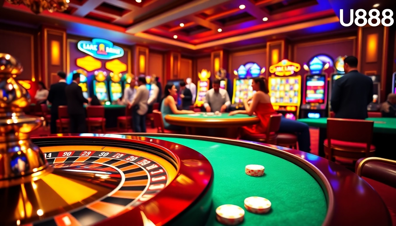 Experience excitement at U888 online casino with engaged players at a roulette table and vibrant slot machines.