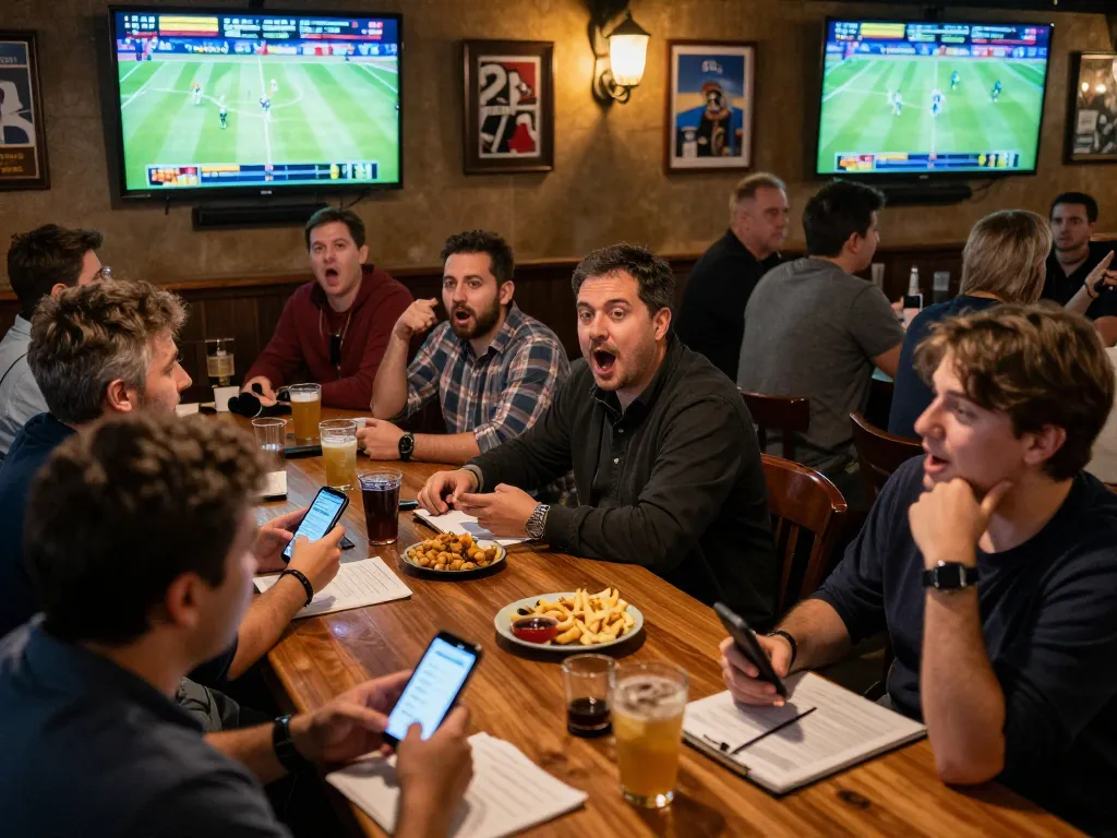Engaged sports bettors strategizing with keo nha cai at a lively sports bar setting.