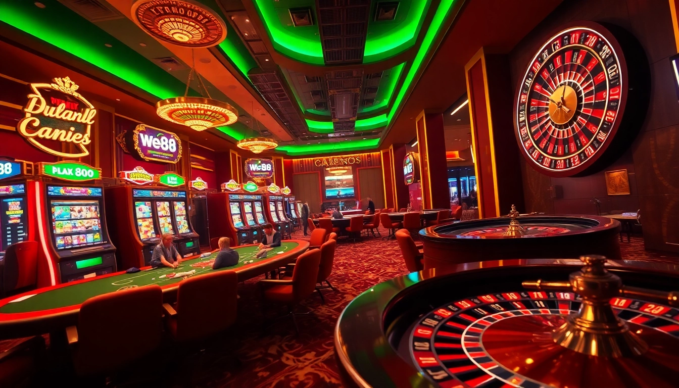 Experience the thrill of gambling at WE88 with vibrant casino tables, slot machines, and roulette wheels.