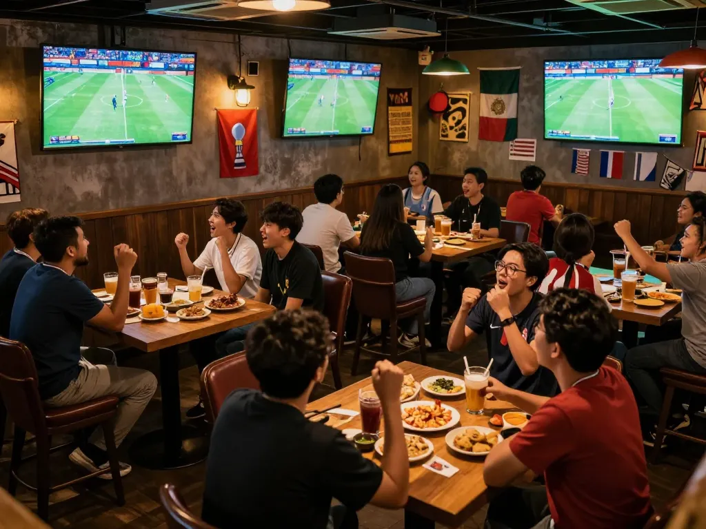 Watch trực tiếp bóng đá Asian Cup with friends, cheering in a lively sports bar atmosphere
