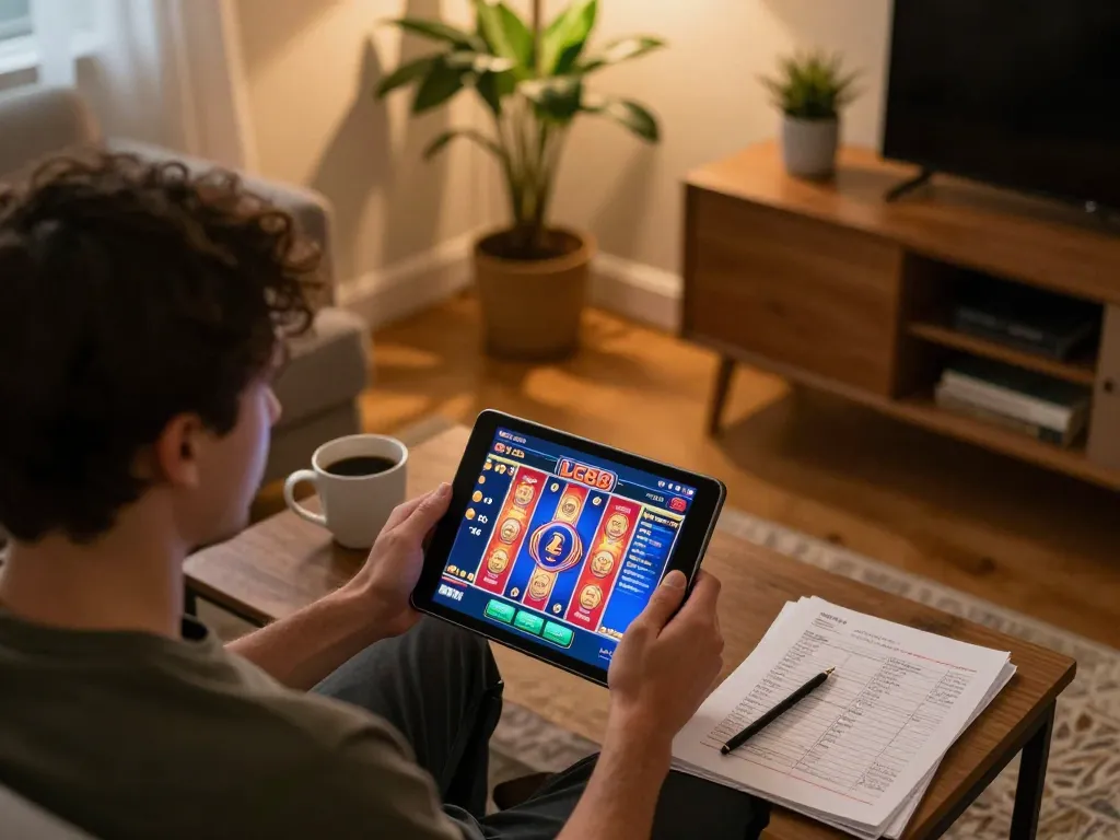 Engaging in online gaming at LC88 with vibrant slots displayed on a tablet in a cozy setting