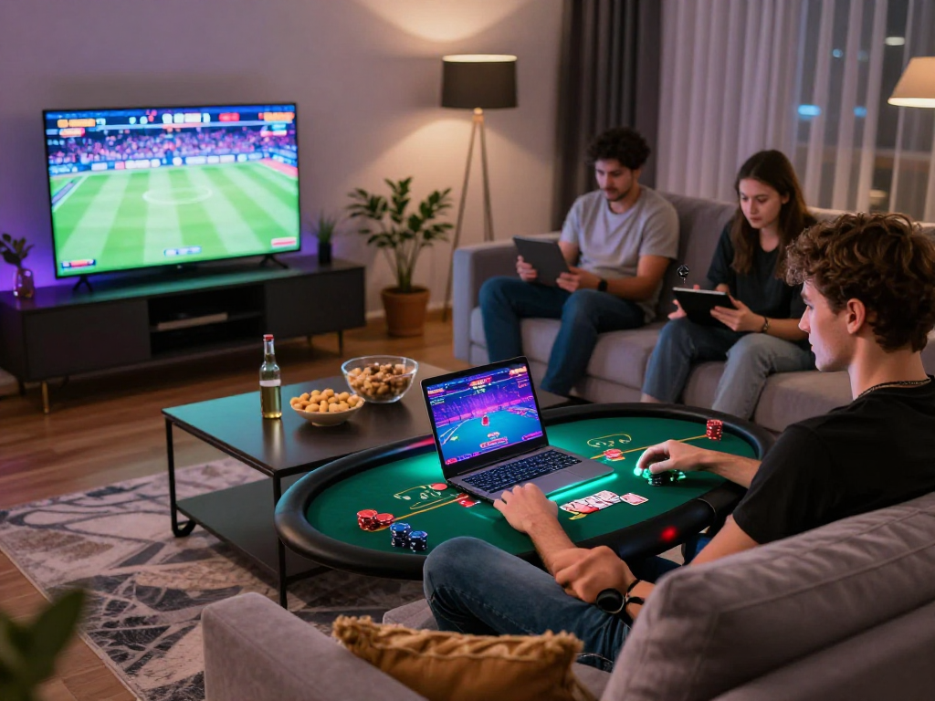 KOMBET168 live poker gaming session in a vibrant living room.