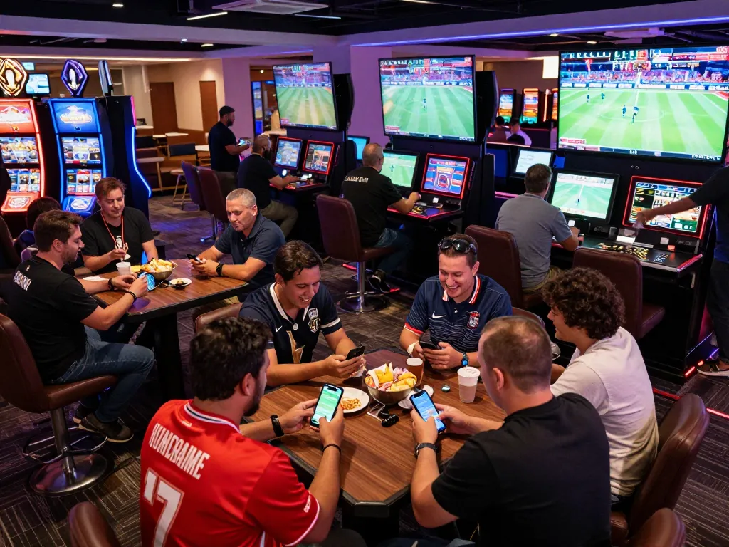 Exciting sports betting scene at Okwintv lounge with fans engaged in wagering