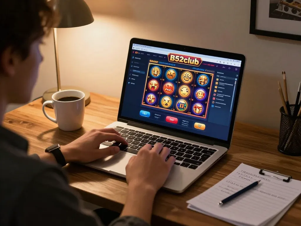 B52club online gaming setup featuring vibrant slot games, cozy atmosphere, and responsible betting strategies.
