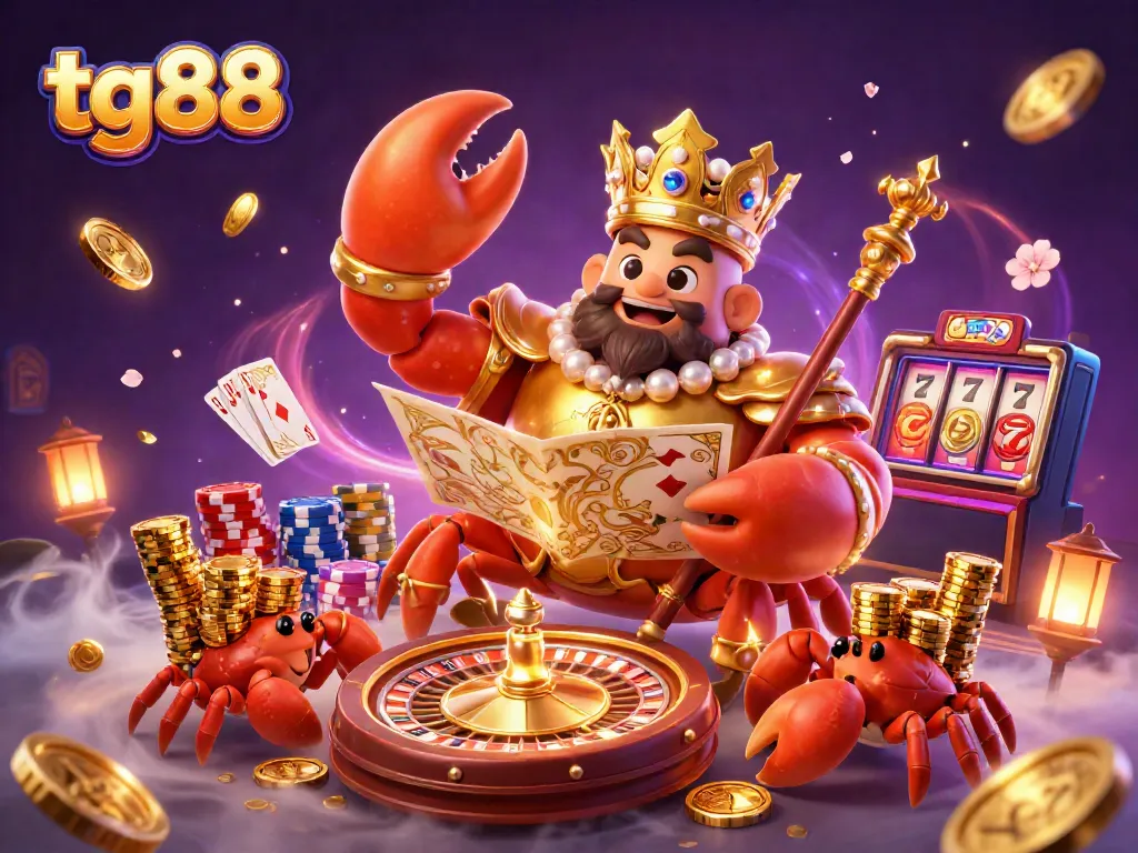 Experience tg88's thrilling casino adventure with a golden crab emperor amid sparkling treasures and dynamic games.
