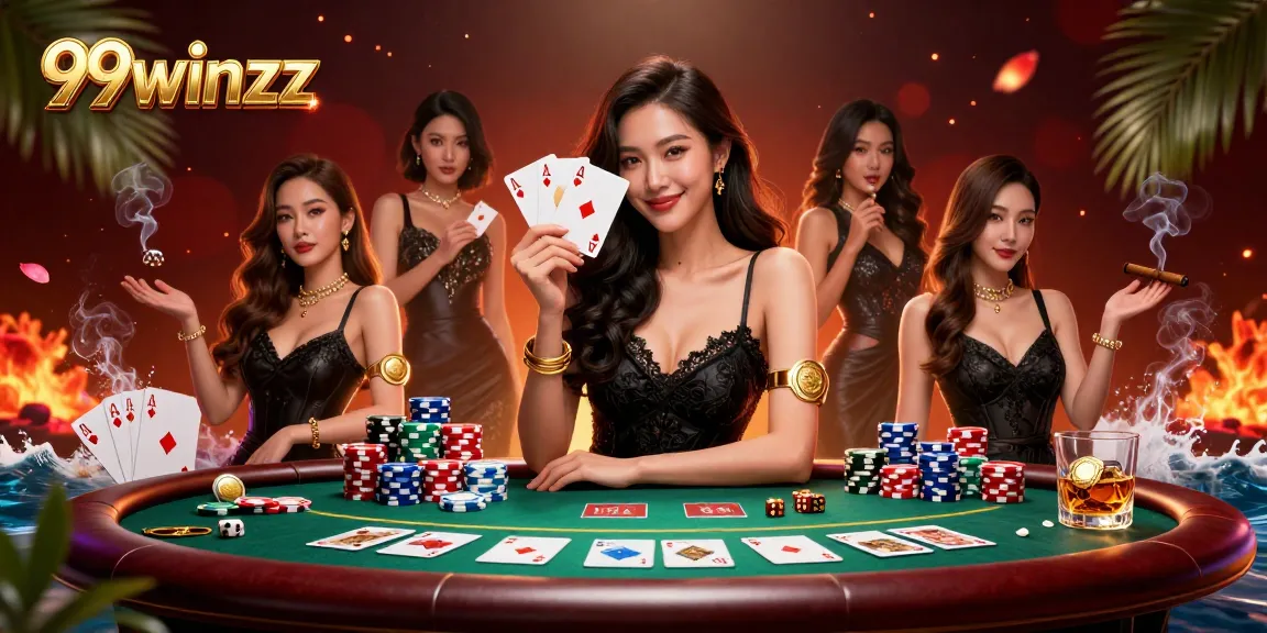 Win big with 99winzz in an exclusive casino environment featuring card games and chips.