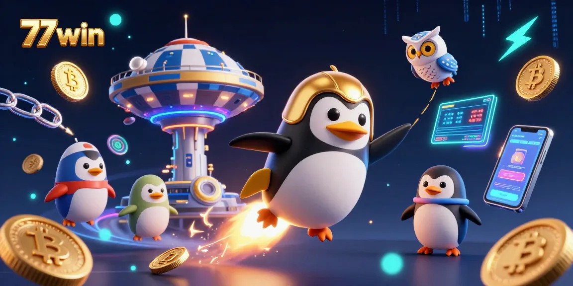 Experience the thrill of 77win with a cartoon penguin rocket blasting through space toward a vibrant casino!