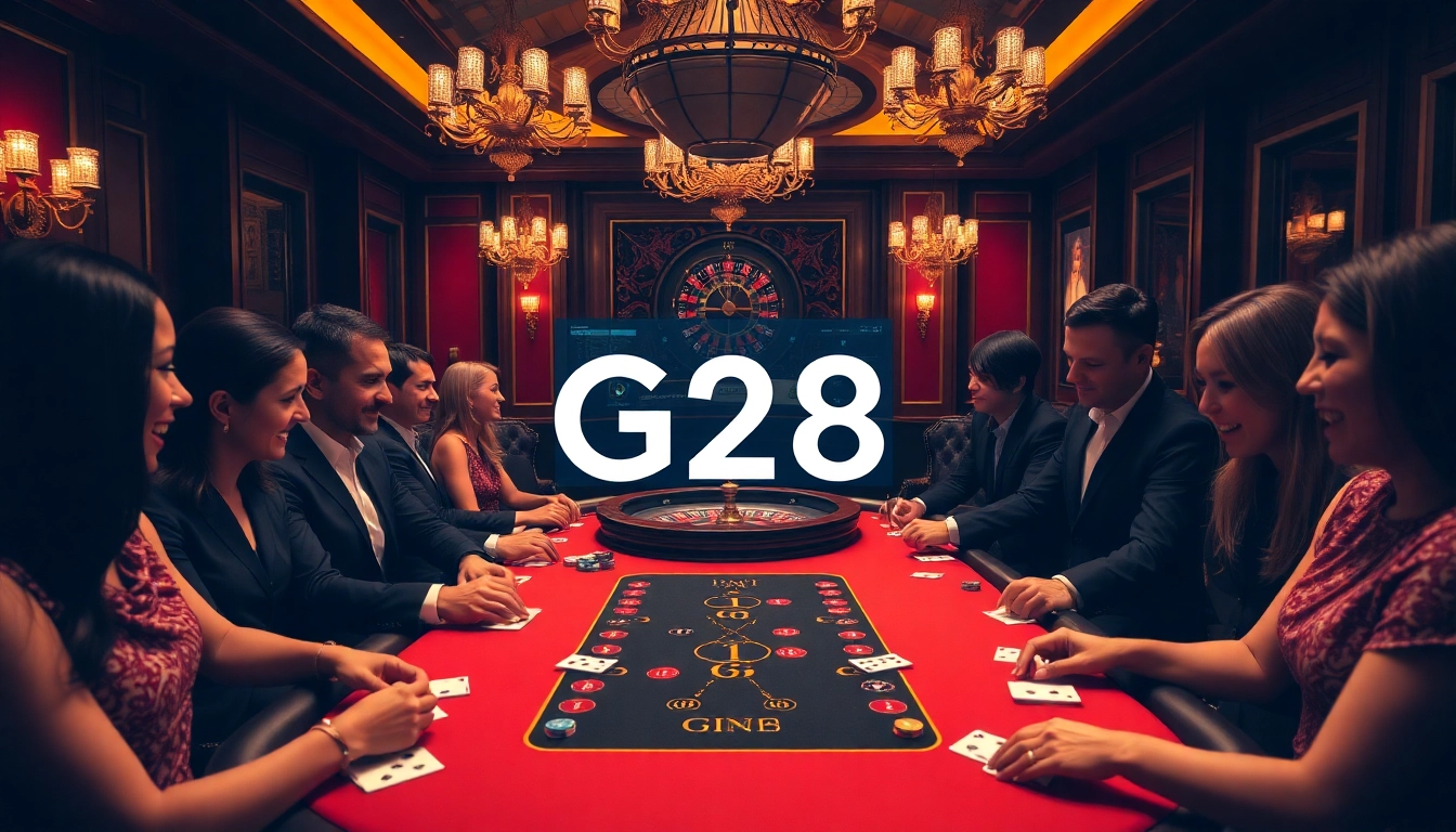 Thrilled players at G28 poker table with chips and cards in an elegant casino setting.