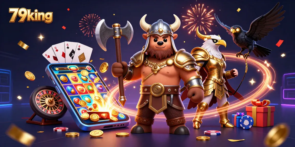 Spin the reels at 79king with dynamic 3D characters celebrating big wins in a colorful casino scene.