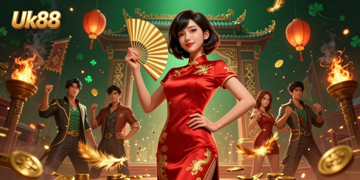 Win big with Uk88 at this vibrant casino scene featuring floating lanterns and golden coins.