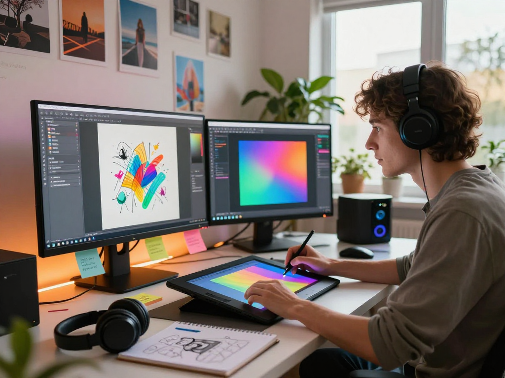 Creative AI project workspace illustrating ia +18 with vibrant art tools and inspiring atmosphere.