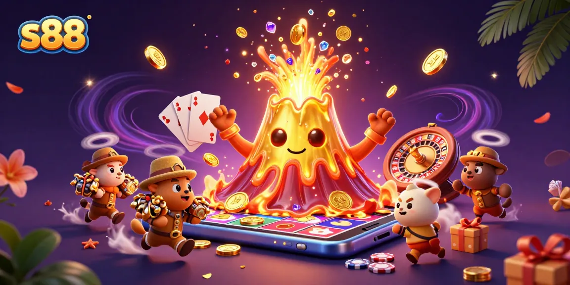 Engage with s88 slots while a golden volcano erupts treasures and coins in a vibrant casino scene.