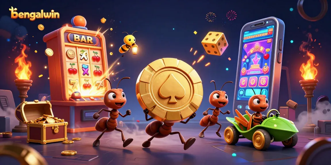 Bengalwin showcases a team of cartoon ants and friends heisting poker chips amidst casino-themed elements.