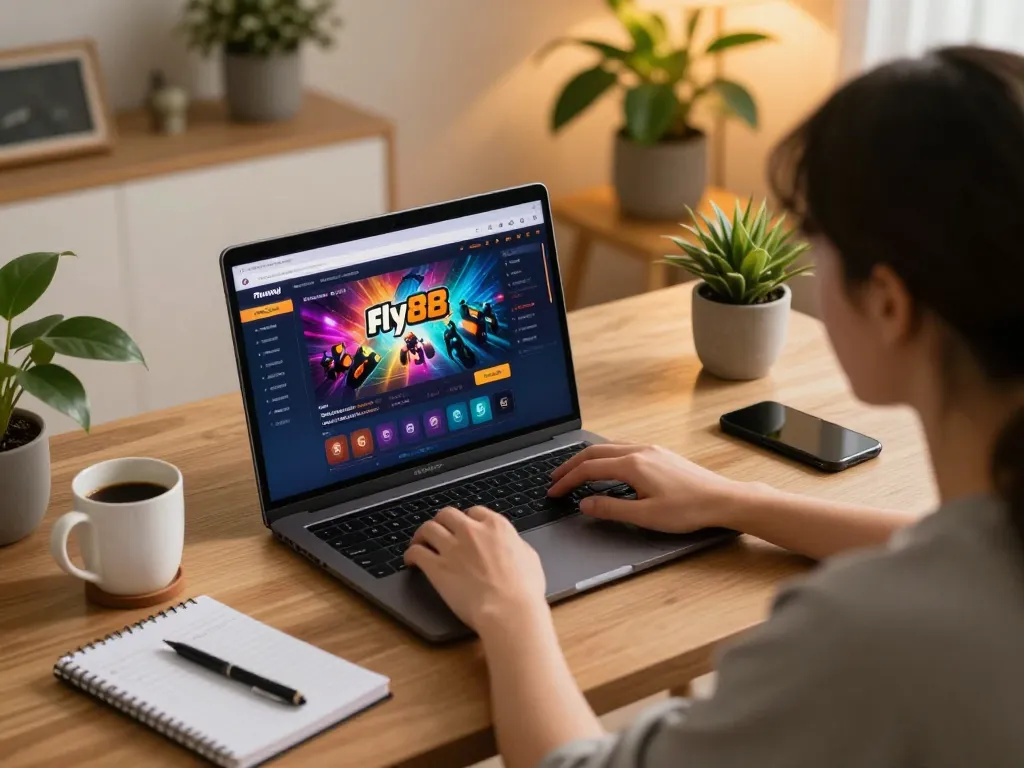 Enjoying online gaming at trang chủ fly88 with a laptop in a cozy home office setting